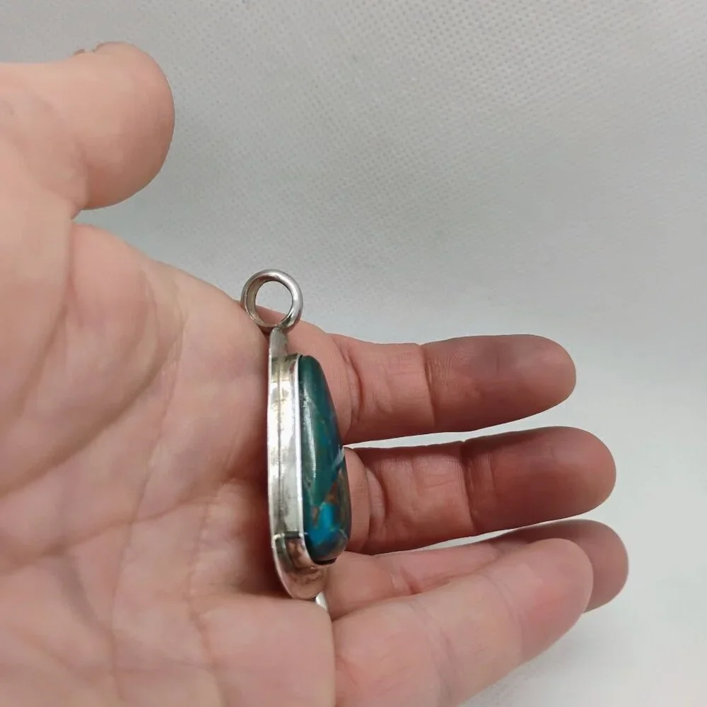 Stunning 950 Silver Blue Green Matrix Turquoise Pendant Triangle Shaped - Picture 10 of 10